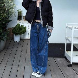 กางเกงยีนส์ขากว้างเอวสูงทรงหลวมสไตล์ลำลองสำหรับผู้หญิงไซส์ใหญ่ กางเกงขายาวทรงหลวมสบาย ๆ ฤดูใบไม้ร่วง 2025