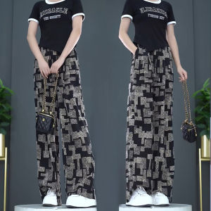 กางเกงลำลองผ้าไหมน้ำแข็งพิมพ์ลายเอวสูงสำหรับผู้หญิง กางเกงขายาวทรงตรงทรงสลิมฟิต กางเกงขายาวทรงขากว้าง ฤดูร้อน 2024