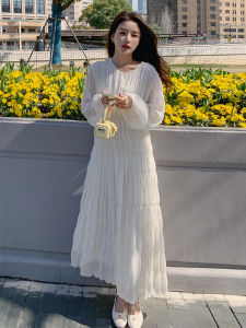 La Chapelle French Style Textured Folded White Dress Womens Gentle Beautiful Design Long Dress Standard Fit City Commute