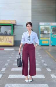 กางเกงผ้าฝ้าย ผ้าเมือง สีแดง ขายาว เอวสูง