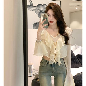 เสื้อคลุมกันแดดผ้าชีฟองบางสำหรับผู้หญิงในฤดูร้อน เสื้อคาร์ดิแกนแขนยาวคอวี ทรงหลวม สไตล์เกาหลี แขนยาว ความยาวปกติ