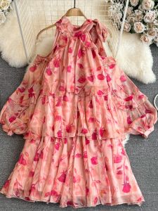 French Style Tea Break Dress Womens Beach Holiday Beach Sandal Sweet Hanging Neck Shoulder Exposure Loose A-Line Floral Chiffon Dress