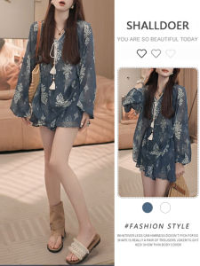 Shalldoer | French Vintage Style Womens Summer Set Drawstring Floral Shirt Shorts Two-Piece Soft Casual Long Sleeve Round Neck A-Line Skirt