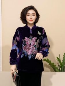 Elegant Silk Velvet T-Shirt with Embellished Sleeves Stand Collar Belly Covering Spring Fashion for Middle-Aged And Elderly Women