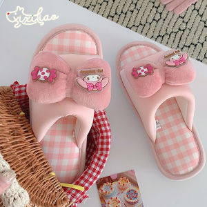Cute Melody Linen Cotton Slippers Womens Home Anti-slip Striped Slippers Korean Style Cartoon Print Sweat Absorbent PVC Sole
