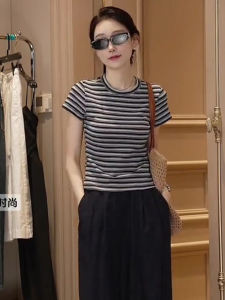 Oajer Flagship Store Summer Knitted Stripe Tassel Womens T-shirt Casual Style Short Sleeve round Neck Regular Length