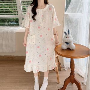 Summer Cartoon Long Sleeve Sleep Dress Women Pure Cotton Loose Fit Thin Maternity Nightgown Cute Home Clothes Large Size
