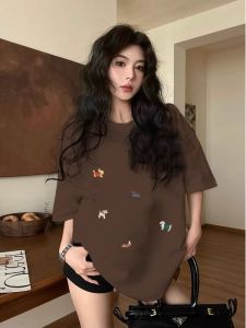 Áo Thun Cotton Tay Ngắn Màu Nâu Cổ Tròn Dáng Rộng Phong Cách Retro Mỹ Dành Cho Nữ Cỡ Lớn Thời Trang Mùa Hè in Họa Tiết Hoạt Hình