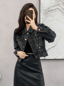 Retro American Short Washed Denim Jacket Womens Spring Autumn Fashion Versatile Slimming Trendy Top Button up Long Sleeve