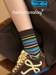 Womens Mid-Calf Socks Breathable Thin Cotton Sweat Absorbent Striped No-Cuff Socks Studio Vintage Color Block Socks