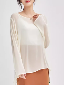 Elegant Silk Butterfly Knot Hollow out Sun Protection Top Womens Bohemian Style Sweet Loose Fit Long Sleeve round Neck Shirt