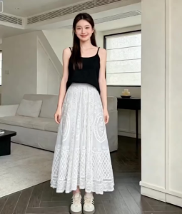 Hollow Crochet Lace Half Skirt for Women Mid Length Flared Umbrella Skirt