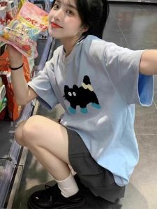 100% Pure Cotton Light Blue Short Sleeve Womens T-shirt Summer Loose Casual Style Cartoon Print College Fashion Top