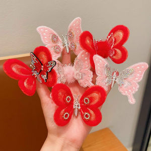 New Year Girls Hair Accessories Festive Moving Butterfly Knot Hair Clips Childrens Headwear Red Chinese Style Double Pronged