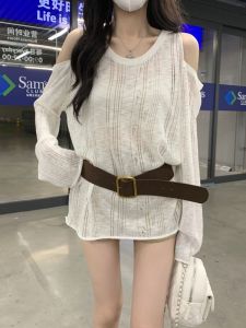 plus Size Womens Knitwear Shoulder Bared Long Sleeve round Neck Casual Base Shirt Korean Style Loose Fit Medium Softness