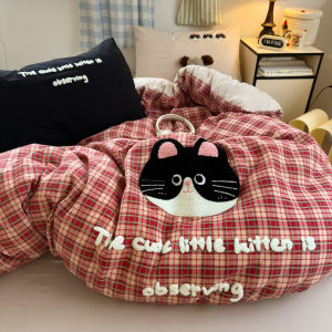 Grid Cat Towel Three-Piece Set New 2025 Bedding Duvet Cover Sheet for Students Dormitory Polyester Fiber Skin-friendly Universal Four Seasons