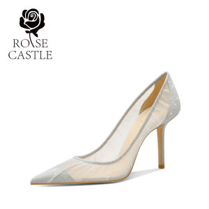 Rosecastle Bridal Shoes Womens Pointed Toe Mesh Lace High Heels Fashionable Single Shoes Slip-On Business Casual Summer