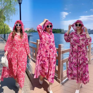 Summer Fashion Floral Dress Loose Waist Trimming below the Knees plus Size plus Size Elegant Slimming Youthful-Looking Sun Protection Beach Skirt Tide
