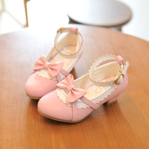 ฤดูใบไม้ผลิ ฤดูใบไม้ร่วง รองเท้าเด็ก หนัง ของแท้ หนัง สไตล์เกาหลี รองเท้าส้นสูงเด็กผู้หญิงรองเท้าเจ้าหญิงพร้อมนอตผีเสื้อ Elsa