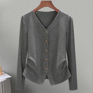 Slim Fit Long Sleeve V-Neck T-Shirt Womens Fashion Spring Trend Waist-Cinching Base Layer Shirt Trendy Small Size