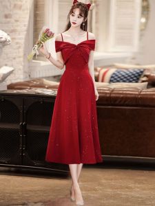 ชุดแต่งงานยาวคอวีแขนกุดสีแดงเข้ม ชุดราตรียาวปานกลางสำหรับผู้หญิง ชุดราตรีทรงเอ ชุดราตรีสีพื้น ชุดราตรีปาร์ตี้ฤดูใบไม้ผลิ