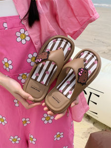 รองเท้าแตะส้นแบนลายแมวฮาวายสีดำ กันลื่น รองเท้าแตะชายหาดสำหรับผู้หญิง สไตล์ลำลอง รองเท้าแตะแบบสวมสบาย ส่วนบนทำจาก EVA