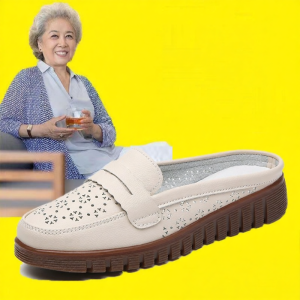 Genuine Leather Slip-On Slippers for Women Elderly Hollow out Flat Bottom Cow Tendon Soft Bottom Wide Fat Feet Large Size 4143