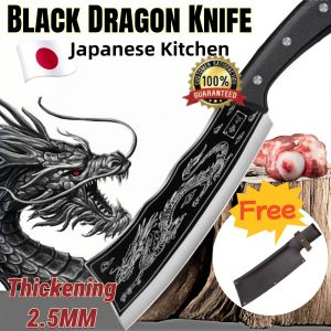 Black Dragon Knife Japanese Kitchen Knife Titanium Steel Version Stainless Steel Forged Thickening ChefS Knife Japan 2.5MM Knife Heavy Duty Meat Knife Slaying Chopping Dual-Purpose Knife Kitchen Accessories