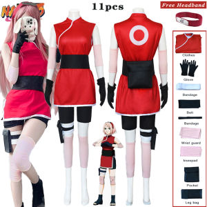 【Free Headband 】Anime Naruto Haruno Sakura Cosplay Costume Ninja Haruno Sakura Red Dress With Headband Glove Kneepad 11pcs Kimono Sets Halloween Carnival Outfits