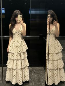 CHANGTONG | Unique Design V-Neck Dotted Waist-Cinching Maxi Dress
