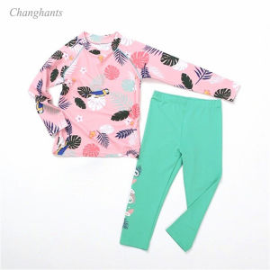 Boys Rash Gards Light Blue Pink with Leaves Pattern Girls Two Pieces Swimwear Children Swimsuit Kids Outfit Toddler Sandy Beach Wear Swimming Suit for Child New Models 2-10 Y