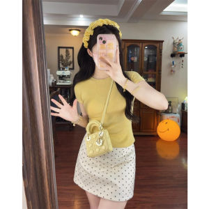 Yellow Ice Silk Thin Knitted Short Sleeve T-Shirt Women Summer Dopaamine Style Korean Sweet And Spicy Pure Desire Top