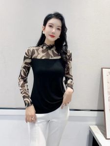 Spring Autumn Ladies Large Size Modal Mesh Print Long Sleeve Base Shirt Thin Style Mom Fashion Half High Collar T-Shirt