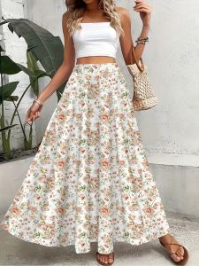 Printed Design Red & White Ditsy Floral Print All-Season Womens Maxi Skirt Boho Elastic Waist Flowy Half Skirt