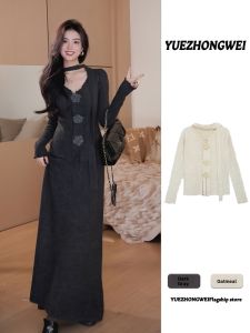 YUEZHONGWEI | Youthful Styling Autumn-Winter Womens Suit Grey Knitted Sweater Skirt Set