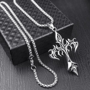 1pcs Fashionable Steel Warrior Flame Retro Cross Pendant Necklace Suitable for Men Daily Wear