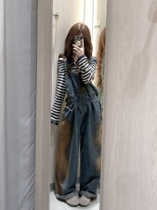 Sweet Cool Style Womens Denim Overalls Loose Wide Leg Pants American Retro Washed Casual High Waist Buckle Fastening Jeans