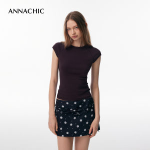 ANNACHIC | Áo Thun Ngắn Ôm Body Cổ Tròn Dáng Xòe Tay Hourglass