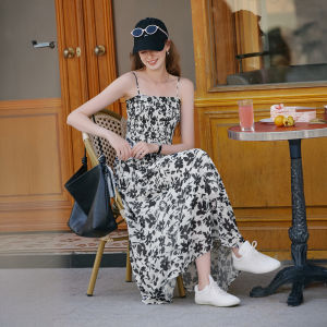 XIANGYING | Blue Floral Slimming Spaghetti Strap Dress Women