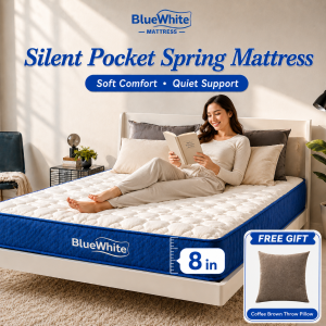 BlueWhite Memory Foam Spring Mattress 8inch Medium HardnessSoft Bouncy Comfort Pressure Relief SupportBack Pain Relief10 Years Warranty