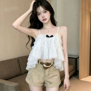 GUZILIAN | Áo Thun Dây Ruffle Chấm Bi Ngọt Ngào Ôm Sát Mới Mùa Hè