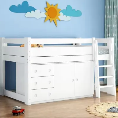 Multifunctional Childrens Bed Half Height with Bookshelf and Closet