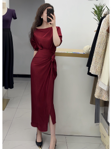 Elegant Red Acetate Satin Wrap Dress High Waist A-Line Skirt Korean Style Commute Pure Color Short Sleeve Long Dress