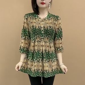เสื้อเชิ้ตลายดอกขนาดพิเศษแขน3/4สำหรับผู้หญิงความยาวปานกลางใหม่ฤดูร้อน เสื้อเชิ้ตใส่สบาย
