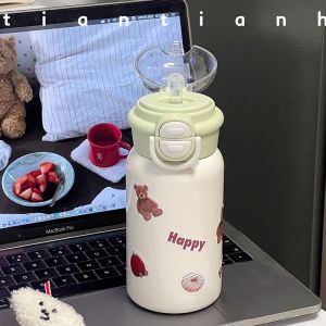 Portable Insulated Water Bottle Straw Cup Cute Couple Matching Beverage Container Stainless Steel 500ml  Style Universal Use