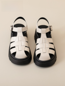 Roman Woven Sandals Womens Summer New Style Hollow out Thick Heel Slip-On Fashionable Casual Synthetic Leather T-Strap Sandals