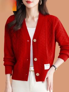 เสื้อคาร์ดิแกนถักผ้าขนสัตว์สีแดงสดสำหรับผู้หญิง ฤดูใบไม้ผลิและฤดูใบไม้ร่วง เสื้อคลุมกันหนาวสั้น กระโปรง ทรงหลวม สไตล์เกาหลี