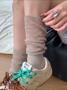Blokette Girls Early Autumn! Idle Style Vertical Stripes Minimalist Pure Color Thin Loose Socks Oatmeal Color Female
