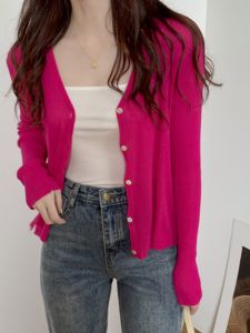 เสื้อคาร์ดิแกนถักสีชมพูม่วง แขนยาว คอวี สำหรับผู้หญิง เสื้อคลุมกันหนาว แฟชั่นฤดูใบไม้ผลิและฤดูใบไม้ร่วง