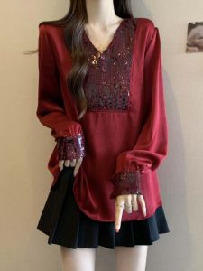 plus Size Vintage Chinese Style Shiny Sequin V-Neck Chiffon Shirt Women Spring Autumn Loose Fit Versatile Slimming Top